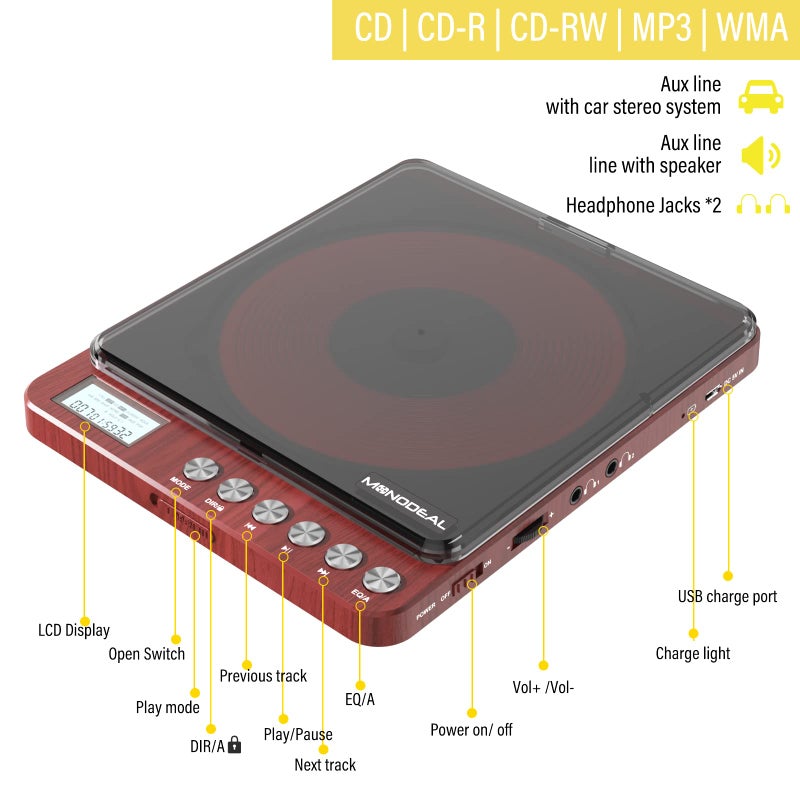 MONODEAL Portable CD Player with Headphones, Monodeal CW605 Compact Design CD Player with LCD Disply, Anti-Skip Personal Player for Car, RechargeablePlayer for Music Audiobook Listening - Image 2